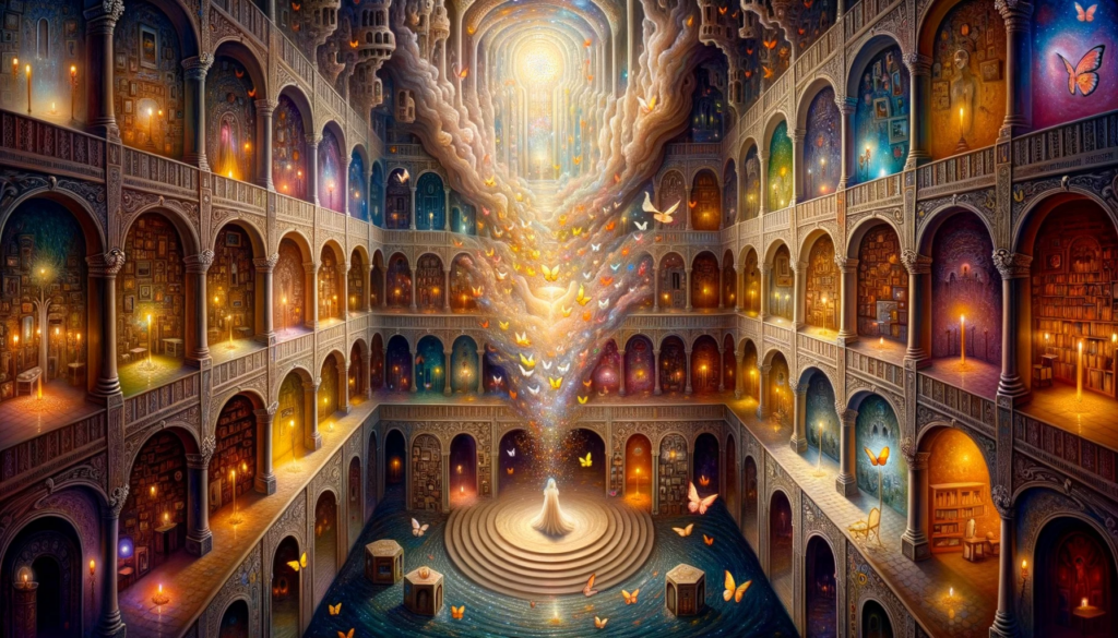 DALL·E 2023-10-15 22.52.21 - Illustration capturing the essence of Santa Teresa de Jesus's exploration of the human soul. A sprawling, luminous castle interior unfolds, with each