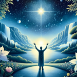 DALL·E 2023-10-17 04.10.13 - Illustration of a calm and reflective setting under a starry night. At the center, a silhouette of a person stands with hands raised in gratitude, exp