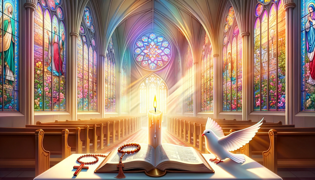 DALL·E 2023-10-17 04.10.17 - Illustration of a peaceful chapel interior, with stained glass windows casting colorful reflections. In the forefront, a candle burns brightly, symbol
