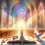 DALL·E 2023-10-17 04.10.17 - Illustration of a peaceful chapel interior, with stained glass windows casting colorful reflections. In the forefront, a candle burns brightly, symbol