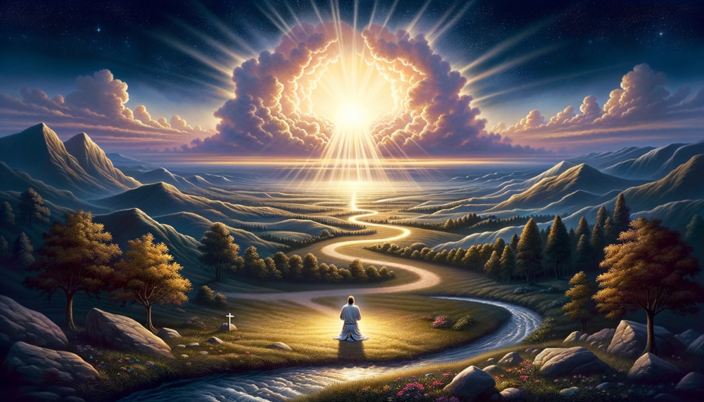 DALL·E 2023-10-17 04.10.20 - Illustration of a tranquil landscape at dusk, where the horizon glows with a divine light. A solitary figure is seen kneeling in prayer, with hands cl