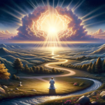 DALL·E 2023-10-17 04.10.20 - Illustration of a tranquil landscape at dusk, where the horizon glows with a divine light. A solitary figure is seen kneeling in prayer, with hands cl