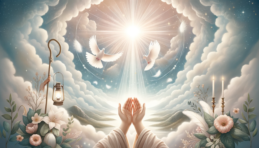 DALL·E 2023-10-17 04.10.24 - Illustration of a serene and spiritual setting, bathed in a soft celestial light. In the center, two hands come together in prayer, symbolizing gratit
