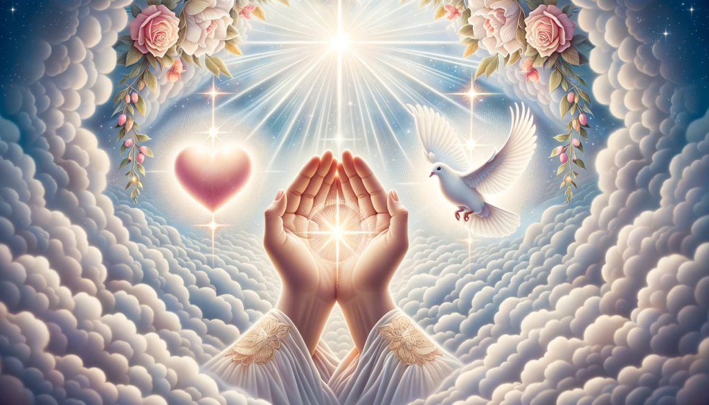 DALL·E 2023-10-17 04.12.58 - Illustration depicting a serene and divine atmosphere. At the center, a pair of humble hands clasped in prayer, emanating a soft glow. Surrounding the