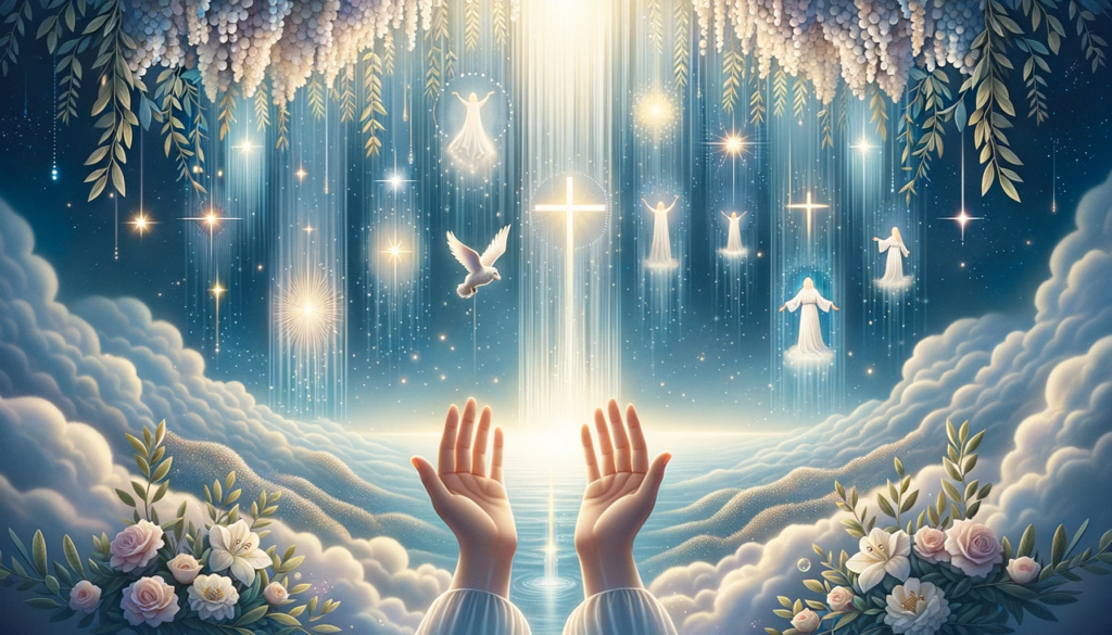 DALL·E 2023-10-17 04.13.05 - Illustration of a tranquil celestial setting. Gentle hands are raised towards the heavens in a gesture of gratitude and prayer. The backdrop showcases