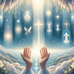 DALL·E 2023-10-17 04.13.05 - Illustration of a tranquil celestial setting. Gentle hands are raised towards the heavens in a gesture of gratitude and prayer. The backdrop showcases