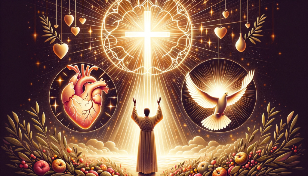 DALL·E 2023-10-17 04.13.23 - Illustration that encapsulates the essence of divine gratitude. A figure stands with hands raised in prayer, bathed in a divine glow. Surrounding them