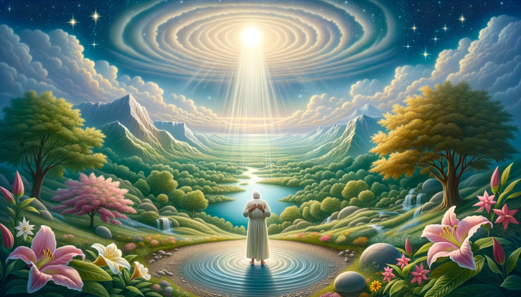 DALL·E 2023-10-17 05.23.34 - Illustration depicting a tranquil and serene landscape under a radiant sky. At the center, a humble individual stands with hands clasped in prayer, sy