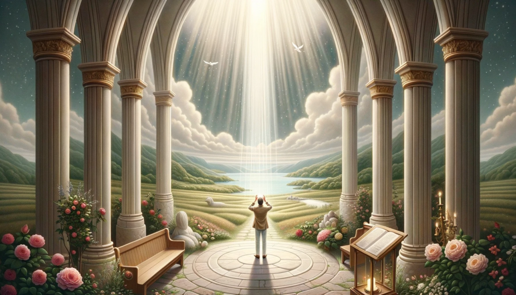 DALL·E 2023-10-17 05.23.43 - Illustration showcasing a serene and sacred space, perhaps inside a chapel or a quiet meadow. A person stands at the center, their hands together in d