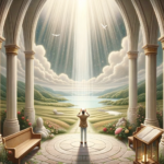 DALL·E 2023-10-17 05.23.43 - Illustration showcasing a serene and sacred space, perhaps inside a chapel or a quiet meadow. A person stands at the center, their hands together in d